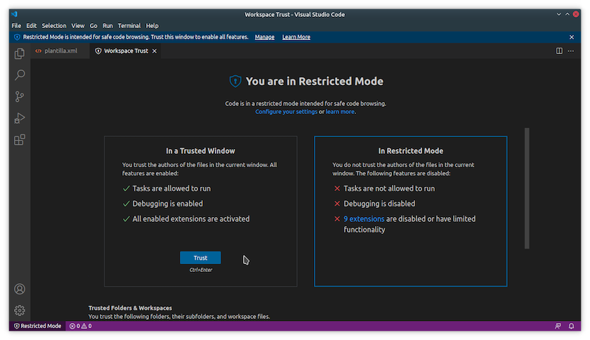 Salir del modo restringido en VS Code